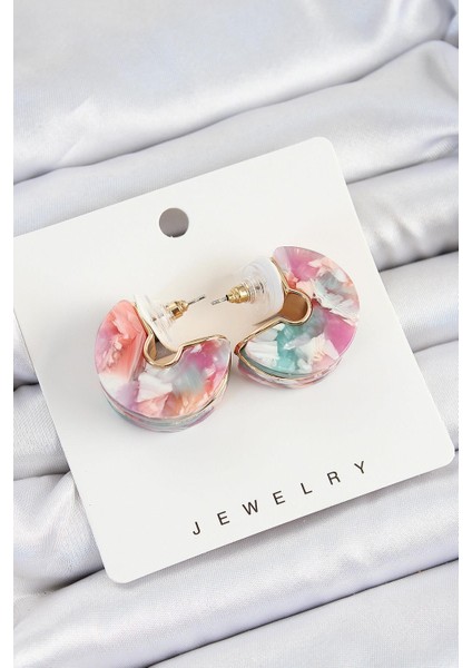 Pirinç Mermer Desenli Vintage Yarım Halka Model Gold Renk Kadın Küpe - PRT3500EB06890