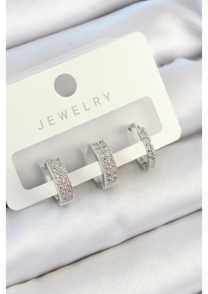 Pirinç Zirkon Taşlı Halka Model Gümüş Renk 3lü Çift Kadın Küpe Set - PRT3500EB07293