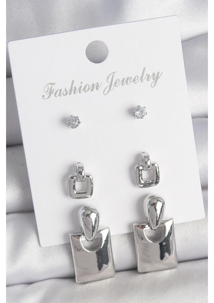 Pirinç Gümüş Renk Zirkon Taş Detay Sallantılı Kare Model 3 Çift Kadın Küpe Seti - PRT3500EB06086