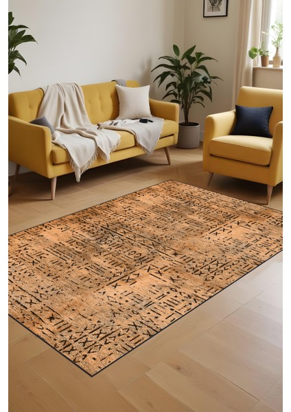 Dijital Baskı Kaymaz Taban Iskandinav Etnik Desen Hardal Renk Salon Halısı Yolluk modelleri