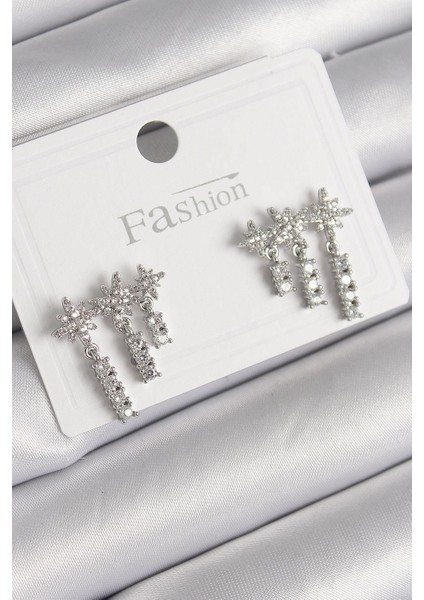 Pirinç Gümüş Renk Zirkon Taşlı 3lü Sallantı Yıldız Model Kadın Küpe - PRT3500EB03133