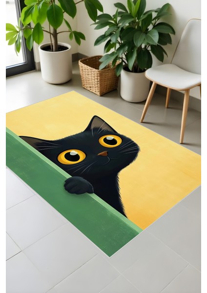 Makinede Yıkanabilir Kedi Desenli Kaymaz Taban Leke Tutmaz Çocuk Halısı Salon Halısı ve Yolluk