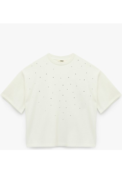 Kısa Kollu Bisiklet Yaka Taş Detaylı Tişört