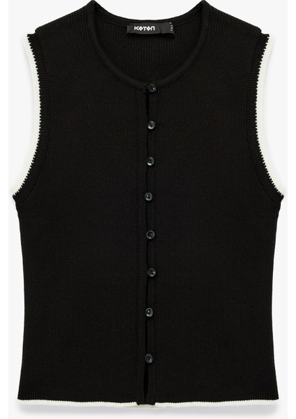 Renk Kontrast Detaylı Düğmeli Bisiklet Yaka Triko Yelek