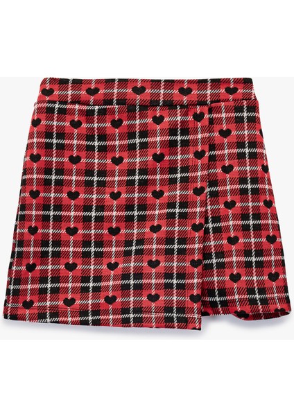 Ekose Desenli Kalp Baskılı Şort Etek