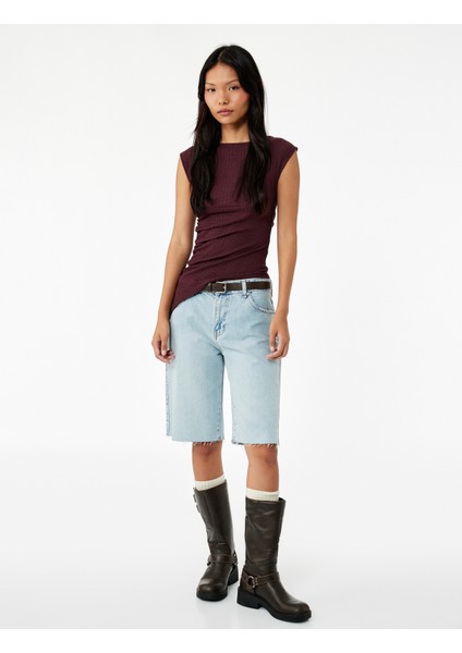 Slim Fit Asimetrik Bisiklet Yaka Bürümcük Kolsuz Tişört fiyatları