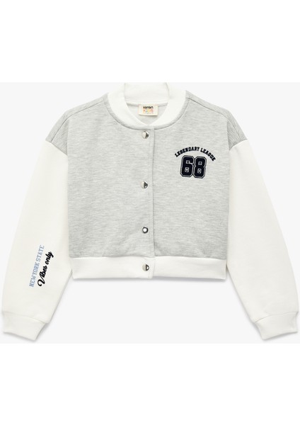 Düğmeli Baskılı Uzun Kollu Yuvarlak Yaka Crop Kolej Ceket
