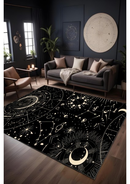 Makinede Yıkanabilir Astronomi Desen Kaymaz Taban Leke Tutmaz Salon Halısı Genç Halısı Çocuk Halısı
