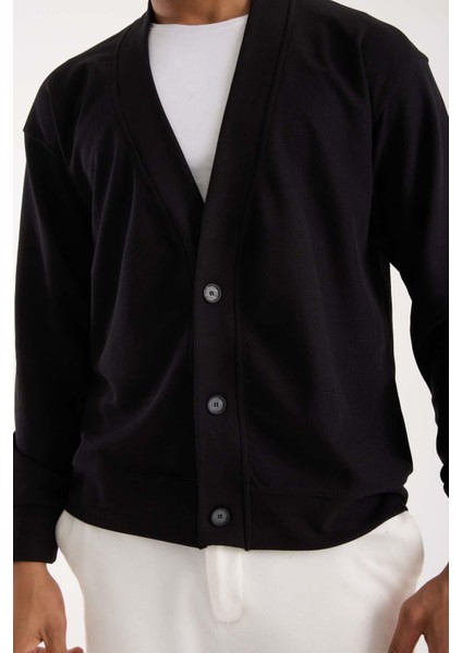 Potter Dokulu Selanik Kumaş Oversize Basic 3 Düğmeli Erkek Hırka - Siyah fiyatları