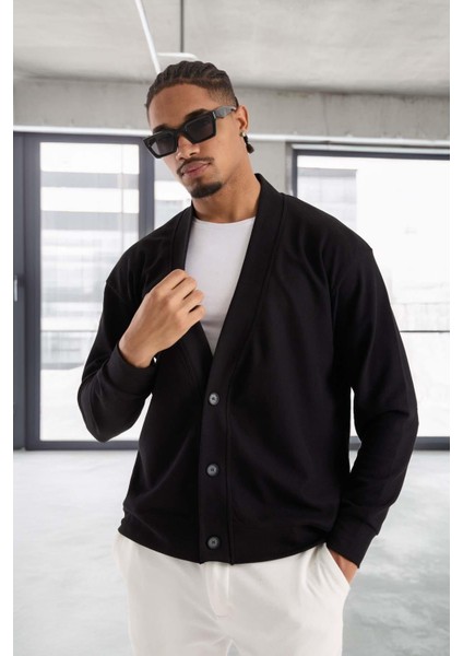 Potter Dokulu Selanik Kumaş Oversize Basic 3 Düğmeli Erkek Hırka - Siyah modelleri