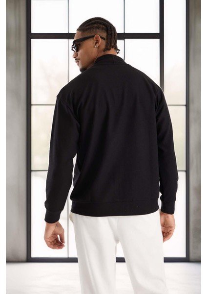 Potter Dokulu Selanik Kumaş Oversize Basic 3 Düğmeli Erkek Hırka - Siyah fırsatları