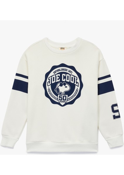 Lisanslı Snoopy Baskılı Uzun Kollu Bisiklet Yaka Şardonlu Sweatshirt