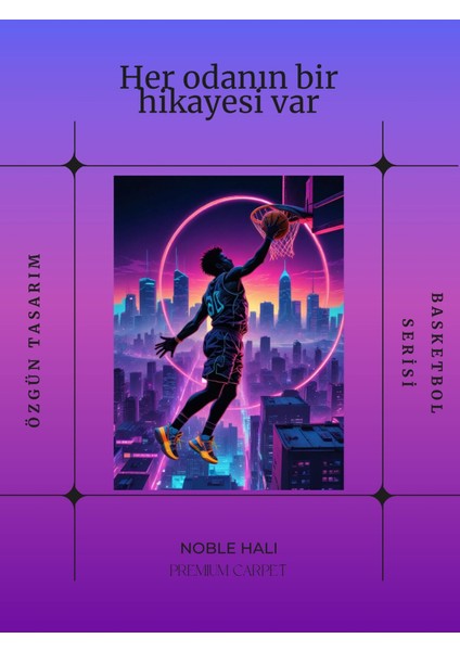 Dijital Baskılı Mor Tonlu Basketbol Temalı Makinada Yıkanabilir Genç Odası Salon ve Yolluk Halısı fiyatları