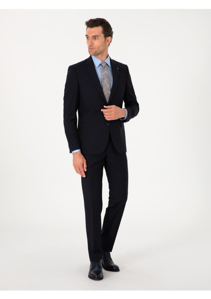 Erkek Lacivert Slim Fit %100 Yün Mono Yaka Takım Elbise 50310092-VR033