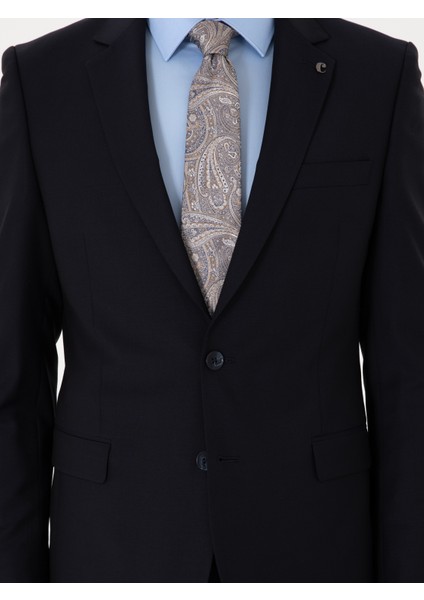 Erkek Lacivert Slim Fit %100 Yün Mono Yaka Takım Elbise 50310092-VR033