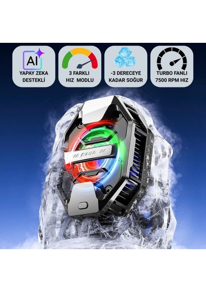 Aı Destekli Turbo Fanlı Telefon Soğutucu | -3°c Soğutma | 7500 Rpm Hız | Rgb Işıklı | 3 Farklı Mod
