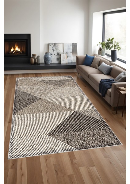 Dijital Baskılı Kahve Renk Tonlu Üçgen Piramit Desenli Makinada Yıkanabilir Salon ve Yolluk Halısı