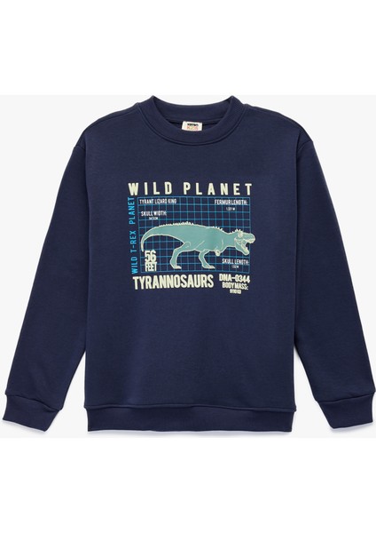 Dinozor Baskılı Şardonlu Uzun Kollu Bisiklet Yaka Sweatshirt