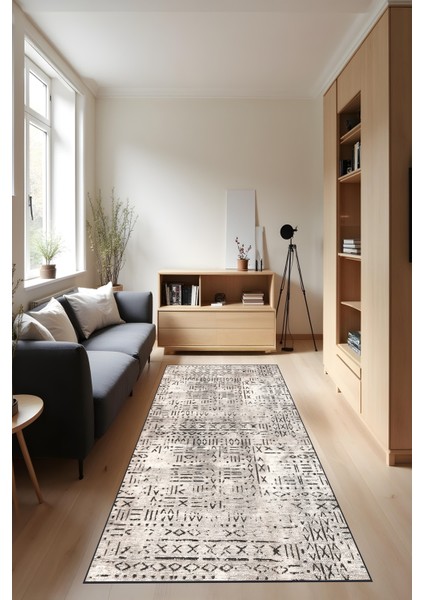 Dijital Baskı Kaymaz Taban Iskandinav Etnik Desen Antrasit Krem Renk Salon Halısı Yolluk fiyatları