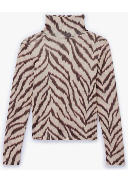 Slim Fit Uzun Kollu Zebra Desenli Balıkçı Yaka Tişört