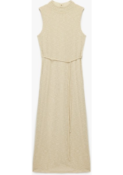 Slim Fit Parıltılı Kemerli Kolsuz Dik Yaka Midi Boy Kalem Elbise modelleri