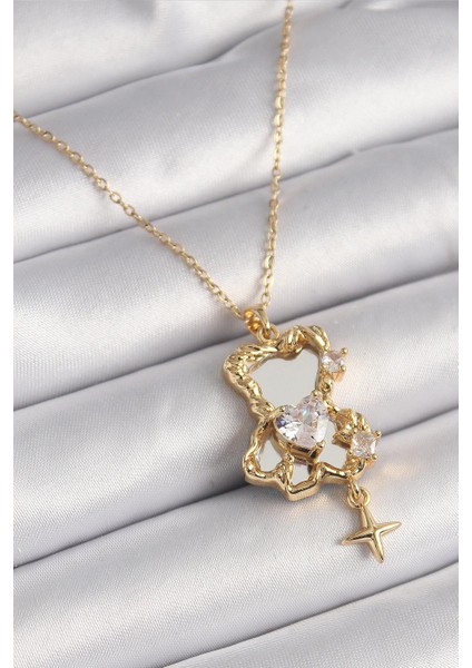 316L Çelik Gold Renk Zincir Ayna Ayıcık Model Zirkon Taşlı Kalp Model Kadın Kolye - PRT3500EB03289