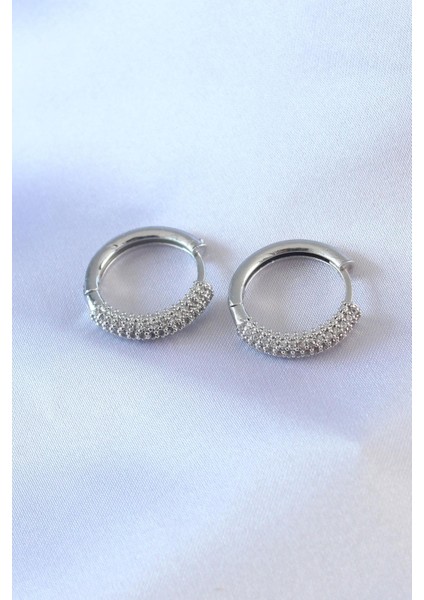Gümüş Renk Zirkon Taşlı Halka Model Pirinç Kadın Küpe - PRT3500EB00495