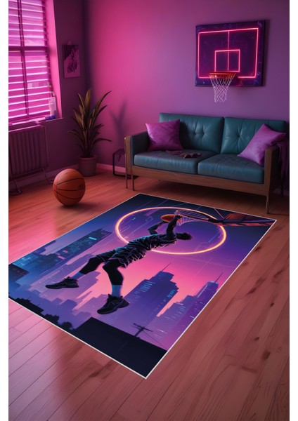 Dijital Baskı Mor Smaç Tonlu Basketbol Temalı Makinada Yıkanabilir Genç Odası Salon ve Yolluk Halısı