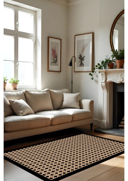 Dijital Baskı Hasır Görünümlü Siyah Çerçeveli Yıkanabilir Salon Halısı Mutfak Halısı Yolluk Halısı