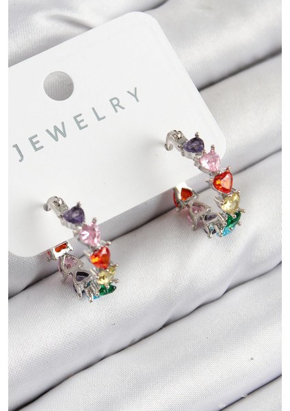 Pirinç Zirkon Taşlı Kalp Model Gümüş Renk Kadın Küpe - PRT3500EB08251