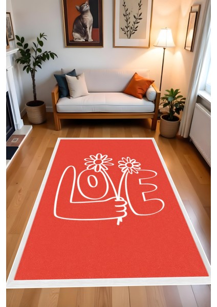 Dijital Baskı Love Temalı Kırmızı Kaymaz Taban Leke Tutmaz Makinada Yıkanabilir Salon Halısı