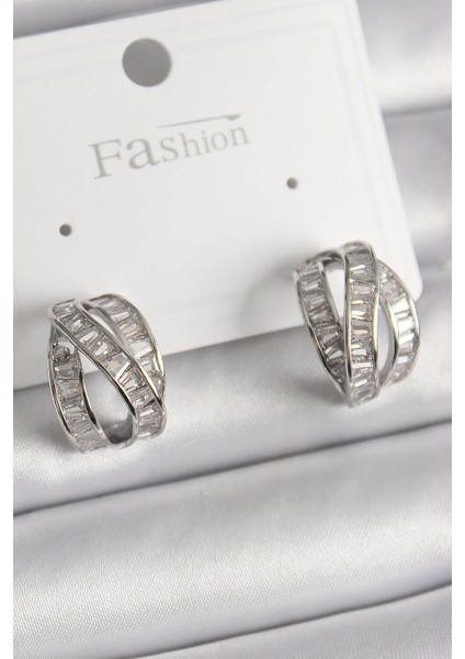 Pirinç Gümüş Renk Zirkon Taşlı Düğüm Halka Model Kadın Küpe - PRT3500EB03369