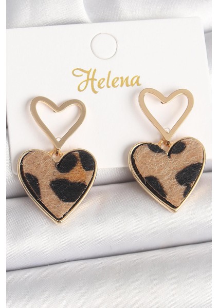 Pirinç Gold Renk Sallantı Leopar Kalp Model Kadın Küpe - PRT3500EB04254