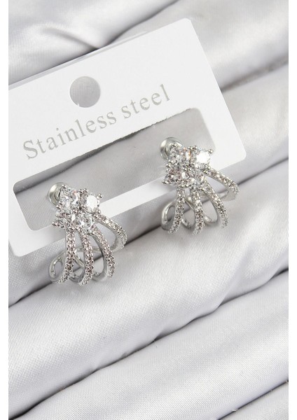 Pirinç Zirkon Taşlı Model Gümüş Renk Kadın Küpe - PRT3500EB08278