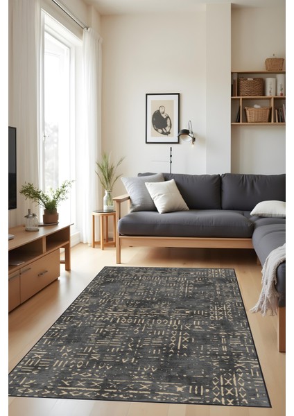 Dijital Baskı Kaymaz Taban Iskandinav Etnik Desen Antrasit Renk Salon Halısı Yolluk fırsatları