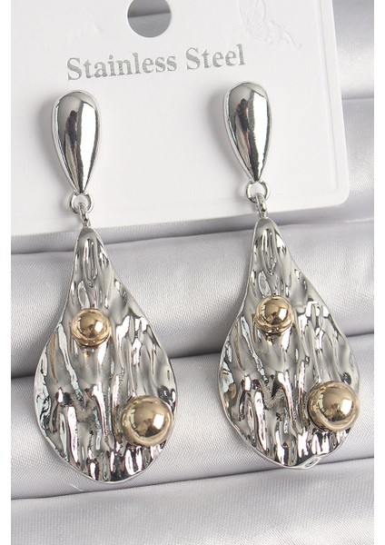 Pirinç Gümüş Renk Sallantı Damla Model Gold Topçuk Detay Kadın Küpe - PRT3500EB03743