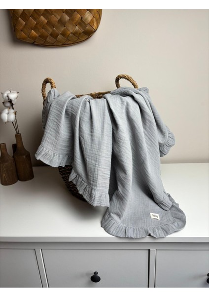 Bürümcük 2 Katlı Müslin Fırfırlı Örtü Bebek Battaniyesi %100 Organik Pamuk 110X110 cm