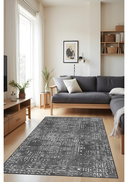 Dijital Baskı Kaymaz Taban Iskandinav Etnik Desen Koyu Gri Renk Salon Halısı Yolluk