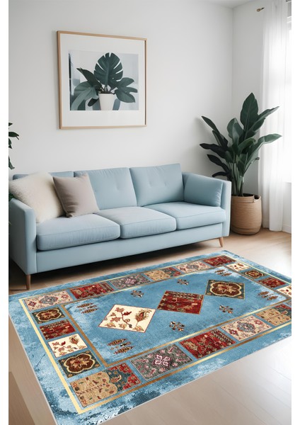Dijital Baskı Klasik Desenli Kilim Görünümlü Dekoratif Makinada Yıkanabilir Salon ve Yolluk Halısı