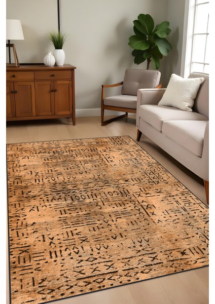 Dijital Baskı Kaymaz Taban Iskandinav Etnik Desen Hardal Renk Salon Halısı Yolluk