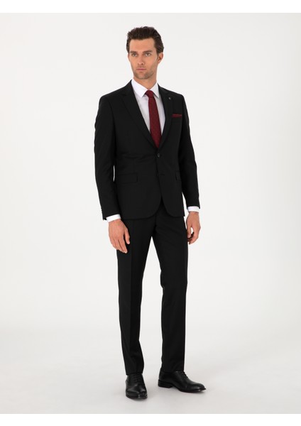 Erkek Siyah Slim Fit %100 Yün Mono Yaka Takım Elbise 50310092-VR046