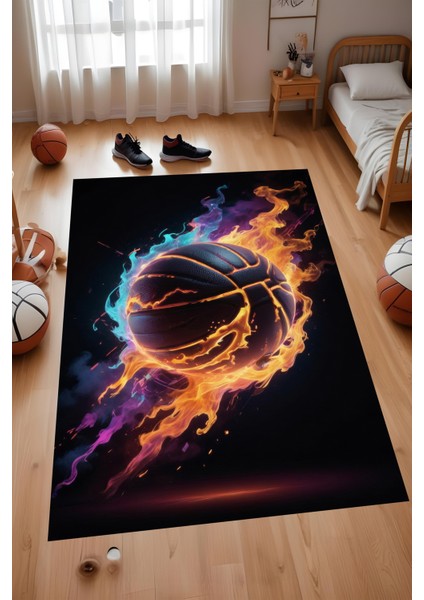 Dijital Baskı Neon Renk Alevli Basketbol Desenli Makinada Yıkanabilir Genç Odası ve Salon Halısı