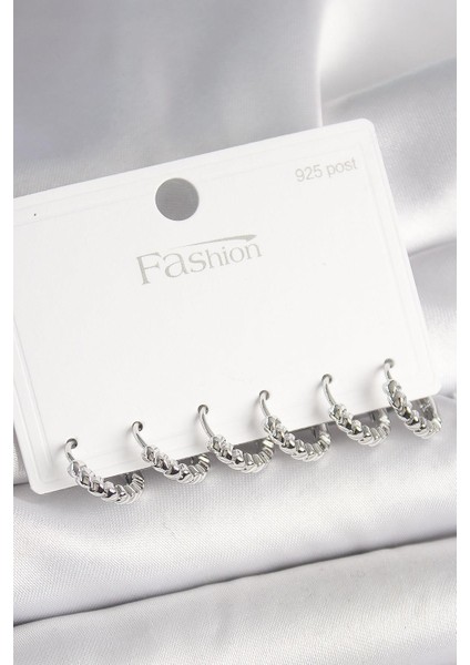 925 Ayar Gümüş Çivi Pirinç Gümüş Renk Kalp Işlemeli Halka Model Kadın Küpe Seti - PRT3500EB04486