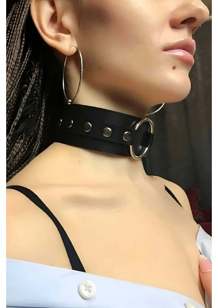 Mulvxjrt JRT02 Halka Detaylı Ayarlı Geniş Şerit Şık Deri Choker Boyun Aksesuar - 671 (Mulvix)