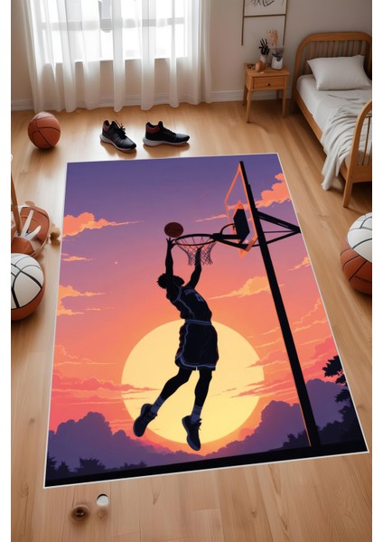 Dijital Baskı Gün Batımı Basketbol Temalı Makinada Yıkanabilir Genç Odası Salon ve Yolluk Halısı