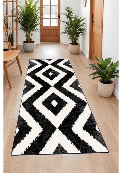 Bohem Siyah Halı - Dijital Yıkanabilir Kaymaz Taban Leke Tutmaz Salon Halısı Mutfak Halısı ve Yolluk
