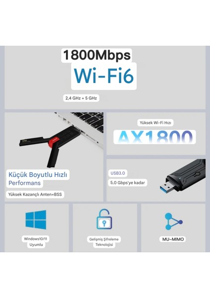 Wifi-6 Yüksek Hızlı 1800Mbps E-Sport Gaming Usb 3.0 Yüksek Çekim Gücü CE Lisanslı Sertifikalı Orjinal Çift Bant 5Ghz/2.4Ghz fiyatları