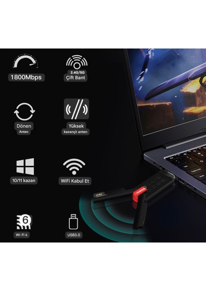 Wifi-6 Yüksek Hızlı 1800Mbps E-Sport Gaming Usb 3.0 Yüksek Çekim Gücü CE Lisanslı Sertifikalı Orjinal Çift Bant 5Ghz/2.4Ghz modelleri