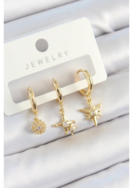 Pirinç Zirkon Taşlı Yıldız Model Gold Renk 3lü Çift Kadın Küpe Set - PRT3500EB07301