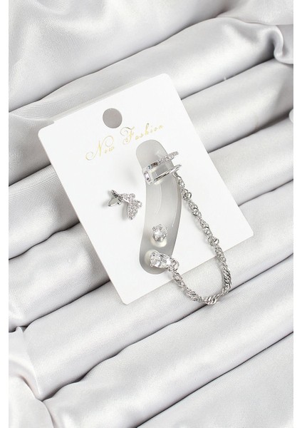 Pirinç Kelebek Figürlü Zirkon Taşlı Gümüş Renk 3lü Kıkırdak Kadın Küpe Set - PRT3500EB06379